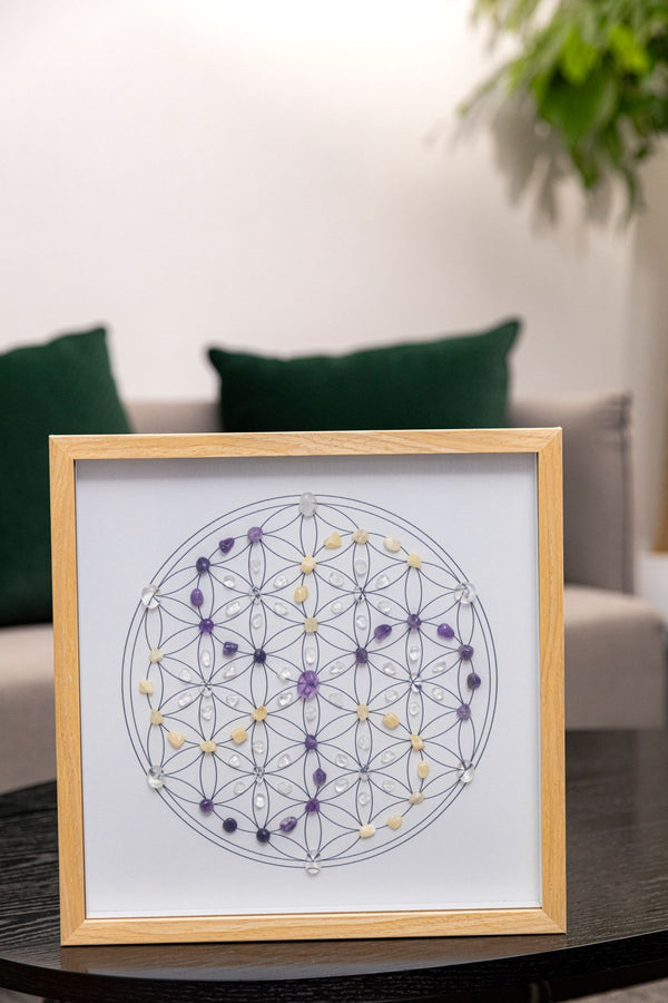 Focus & Clarity Crystal Grid – Flower of Life with Amethyst, Clear Quartz & Yellow Jade