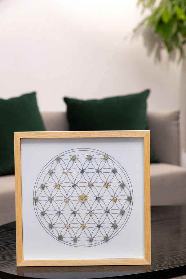 Wealth & Abundance Crystal Grid – Flower of Life with Citrine, Green Phantom & Pyrite