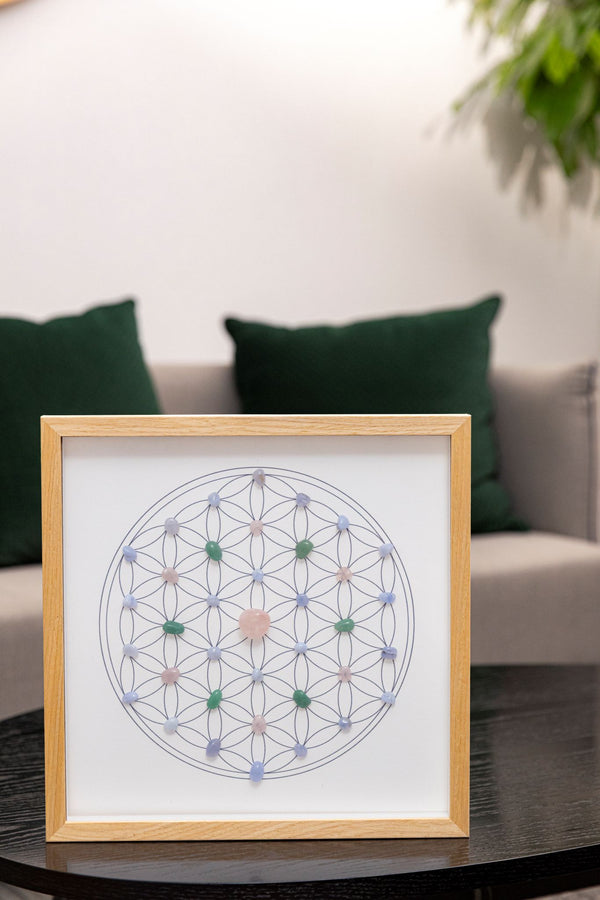 Connection & Friendship Crystal Grid – Flower of Life with Rose Quartz, Aventurine & Blue Chalcedony