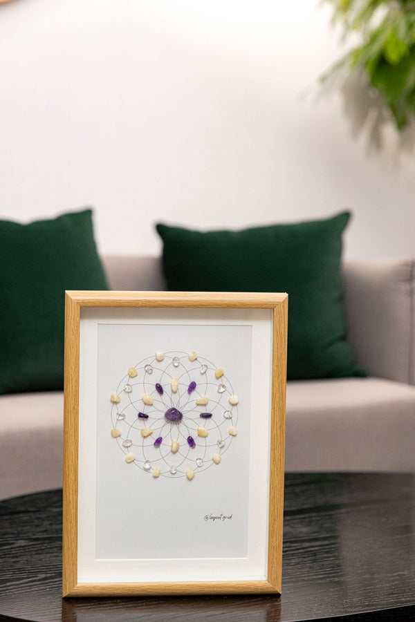 Focus & Clarity Crystal Grid – Sacred Geometry with Amethyst, Yellow Jade & Clear Quartz