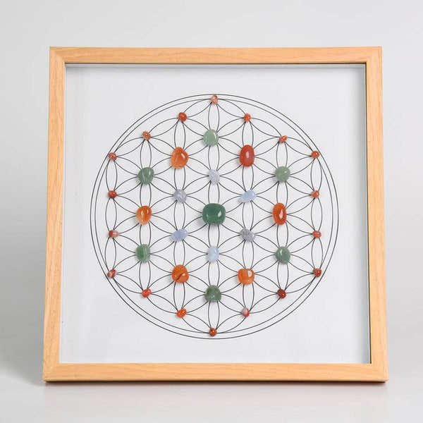Healing & Vitality Crystal Grid – Flower of Life with Aventurine, Carnelian & Blue Lace Agate