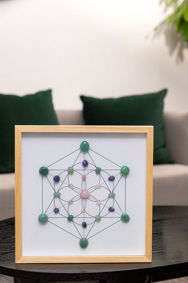 Love & Harmony Crystal Grid – Metatron’s Cube with Rose Quartz, Aventurine, Amethyst & Obsidian