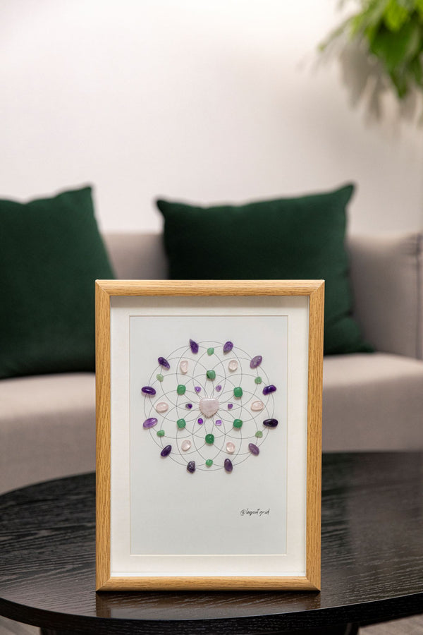 Love & Harmony Crystal Grid – Heart-Centered Flower of Life with Rose Quartz, Aventurine & Amethyst