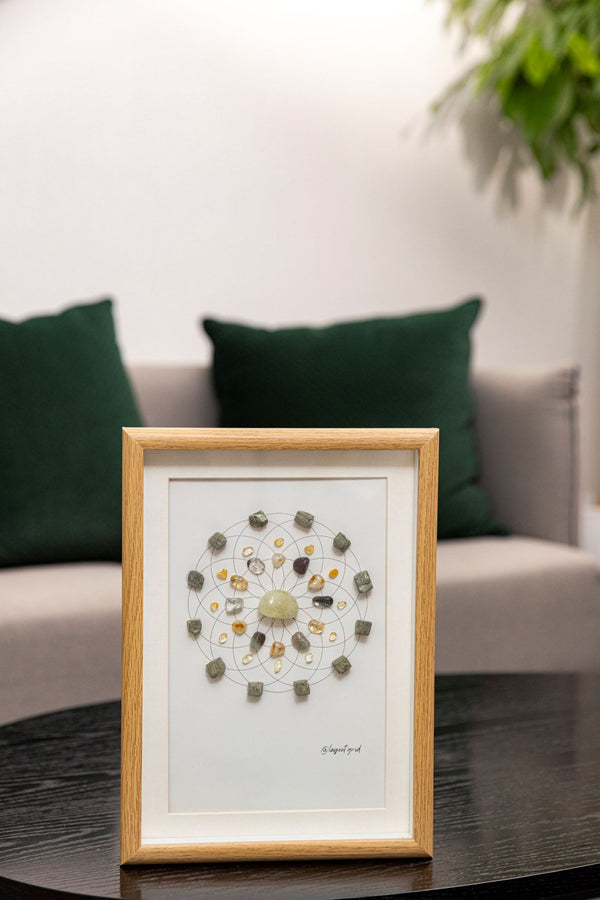 Wealth & Prosperity Crystal Grid – Sacred Geometry with Citrine, Green Phantom & Pyrite